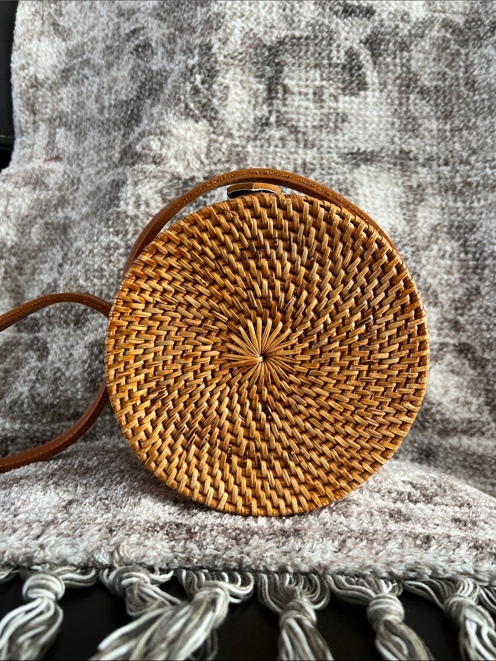 Handwoven Round Straw Crossbody Bag - Tan
